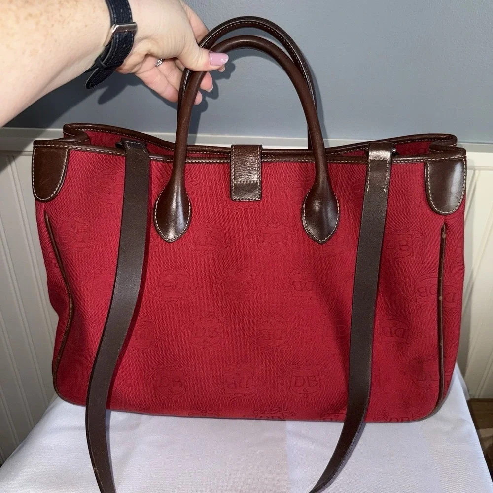 DOONEY & BOURKE Red Canvas & Brown Leather DB Signature Tote Satchel Bag Purse